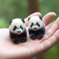 two tiny panda bears sitting on a persons hand photo