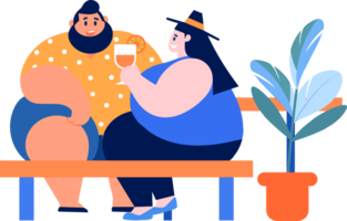 Hand Drawn Overweight couple having a drink at a bar by the sea in flat style png