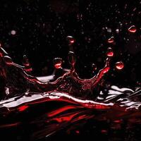 Macro red wine on black background abstract splashing. AI Generative photo