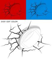 ball for American football hit wall powerfully and damaged, cracks on wall. Sports design element. Active lifestyle. Vector on white or color background with cracks