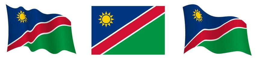 bandera de Namibia en estático posición y en movimiento, revoloteando en viento en exacto colores y tamaños, en blanco antecedentes vector