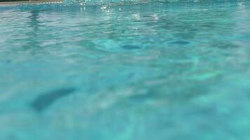 A boy in blue goggles swimming in an open pool video