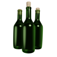 3D rendering of set of old green glass bottle with cork front view. Collectible spirits and wine. Realistic PNG illustration isolated on transparent background