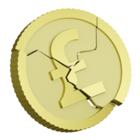 3D rendering of British pound coin with sign of British currency shattered into pieces falling apart. Depreciation of money, financial crisis. Realistic PNG illustration isolated on transparent back