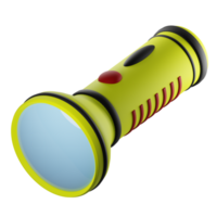 3D rendering of battery operated yellow camping torch, flashlight. Gear and equipment for hiking and travel. Realistic PNG illustration isolated on transparent background