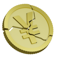 3D rendering of Japanese yen coin with sign of monetary unit of Japan shattered into pieces falling apart. Financial crisis. Realistic PNG illustration isolated on transparent background