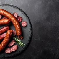 Smoked hunting sausages on a black stone plate top view free copy space. AI Generative photo
