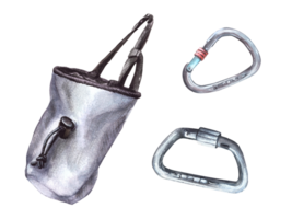 grå krita textil- bälte väska med karbinhake för sten klättrande. bouldering Utrustning. vattenfärg illustration. element för design av klistermärken, affischer, kort, skriva ut, logotyp png