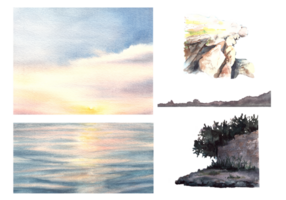 romántico acuarela paisaje ilustración conjunto vistoso puesta de sol en el mar con el nube y reflexión en el agua. mano dibujado diseño para cubrir página, bandera, folleto, aterrizaje página png