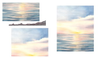 Romantic watercolor landscape illustration Set Colourful sunset on the sea with the cloud and reflection on the water. Hand drawn Design for cover page, banner, booklet, landing page png