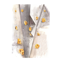 Bouldering wall with different shapes yellow climbing stones.Extreme sports equipment Hand paint watercolor  illustration. For your design postcards, flyers, invitation, print png