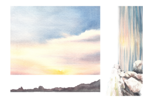 romántico acuarela paisaje ilustración conjunto vistoso puesta de sol en el mar con el nube y reflexión en el agua. mano dibujado diseño para cubrir página, bandera, folleto, aterrizaje página png