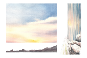 romantisch Aquarell Landschaft Illustration einstellen bunt Sonnenuntergang auf das Meer mit das Wolke und Betrachtung auf das Wasser. Hand gezeichnet Design zum Startseite Buchseite, Banner, Broschüre, Landung Seite png