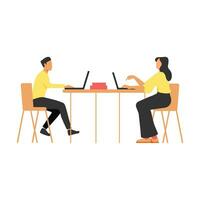 Businessman and businesswoman sitting at the table and working on laptop in office vector Illustration