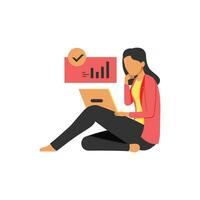 Businesswoman sitting on the floor with laptop. Flat vector illustration.