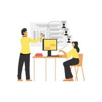 Woman and man sitting at desk and working on computer. Teamwork concept. Vector illustration in flat style