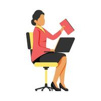 Businesswoman sitting on chair and working with laptop. Vector illustration in flat style