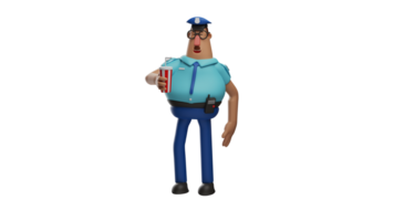 3d illustratie. aanbiddelijk Politie 3d tekenfilm karakter. Politie vervelend blauw uniformen waren staand ontspannen en Holding een glas van verkoudheid drankje. knap politieagent looks gelukkig. 3d tekenfilm karakter png