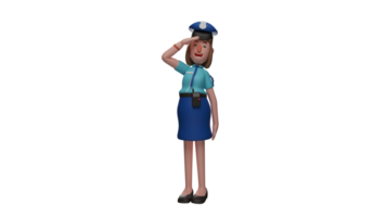 3d illustrazione. bellissimo polizia donna 3d cartone animato carattere. poliziotta con corto capelli. il polizia posa con rispetto e Sorridi a loro capi. 3d cartone animato personaggio png