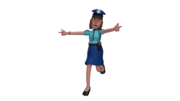 3d illustrazione. allegro polizia donna 3d cartone animato carattere. il polizia donna ufficiale è nel un' salto posa mentre diffusione sua braccia. il polizia ufficiale sorrise felicemente. 3d cartone animato personaggio png