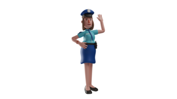 3d illustrazione. amichevole polizia donna 3d cartone animato carattere. poliziotta con corto capelli. polizia indossare blu uniformi. il polizia salutò sua mani mentre sorridente dolcemente. 3d cartone animato personaggio png