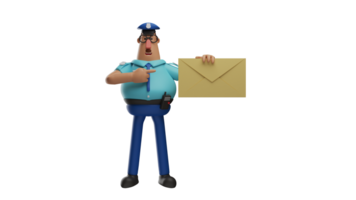 3D illustration. Policeman 3D cartoon character. Policeman stood up and pointed to the brown envelope he had gotten. Exemplary police succeeded in obtaining evidence of the crime. 3D cartoon character png