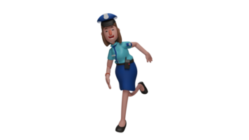 3d Illustration. Polizei Frau 3d Karikatur Charakter. schön die Polizistin ist Laufen nach etwas. ein Polizei Frau Offizier Wer zeigt an ein Süss lächeln. 3d Karikatur Charakter png