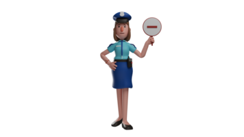 3D illustration. Police officer 3D cartoon character. Beautiful policewoman holding a traffic sign. police woman showed a sweet smile. Police officer put one hand on her waist. 3D cartoon character png