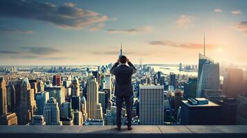 binoculars man standing on the building business,generative ai photo