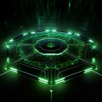 Abstract tech floor background Abstract technology floor background Abstract technology background hexagons green neon lights background Abstract 3D background AI generated photo