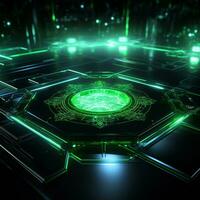 Abstract tech floor background Abstract technology floor background Abstract technology background hexagons green neon lights background Abstract 3D background AI generated photo