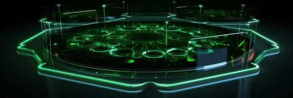 Abstract tech floor background Abstract technology floor background Abstract technology background hexagons green neon lights background Abstract 3D background AI generated photo