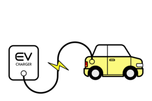 ev bil laddning med ev laddare med vit moln begrepp bakgrund. illustration av ny energi fordon transport begrepp platt design. ingen transparent bakgrund. png