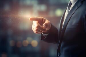 Businessman pressing finger on touch screen, pressing virtual screen Side view of businessman touching interface at office with his finger photo