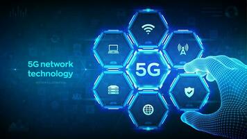 5g red inalámbrico sistemas tecnología concepto. inteligente ciudad. iot 5g móvil Internet Wifi conexión. estructura metálica mano lugares un elemento dentro un composición visualizante 5g vector ilustración.