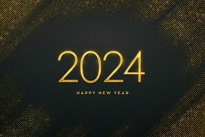 Happy New 2024 Year. Golden metallic luxury numbers 2024 on shimmering background. Realistic sign for greeting card. Bursting backdrop with glitters. Festive poster or banner. Vector illustration.