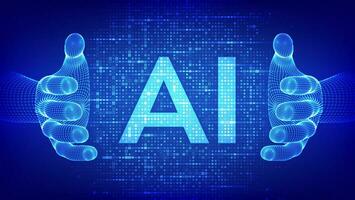 ai. artificial inteligencia. letras ai hecho con binario código en estructura metálica manos. binario datos y transmisión digital código antecedentes. matriz antecedentes con dígitos 1.0. vector ilustración.