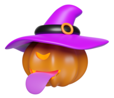 3d Víspera de Todos los Santos fiesta fiesta con calabaza palo fuera tu lengua, bruja sombrero aislado. 3d hacer ilustración png