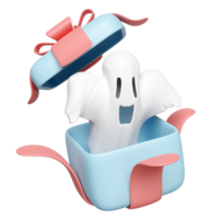 3d halloween holiday party with cute ghost, open gift box isolated. 3d render illustration png