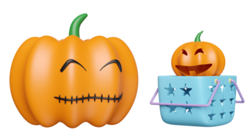 3d happy halloween party with pumpkin head in shopping basket isolated. 3d render illustration png