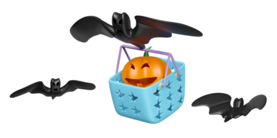 3d happy halloween party with bats, pumpkin head in shopping basket isolated. 3d render illustration png