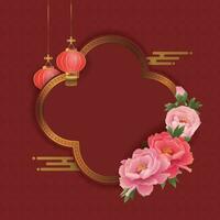 Red Chinese style border with peonies and lanterns, suitable for traditional festivals and Spring Festival vector