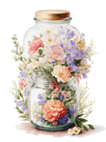 Flowers in glass jar watercolor AI generated png