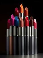 a group of lipsticks sitting next to each other on table with black background AI Generative photo