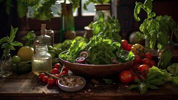 a bowl of vegetables and spices on table with other herbs photo