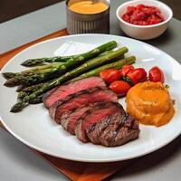 a plate of steak tomatoes and asparagus on table with bowl sauce photo