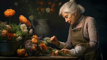 grandma is arranging decorative flower plants Ai generated photo