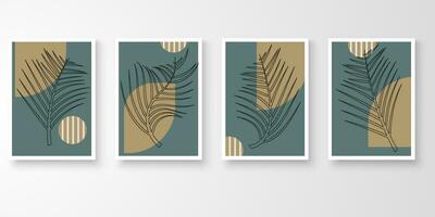 Set of wall art.Foliage line art drawing with abstract organic shape composition earth tone. Leaf, stone art vector illustration.