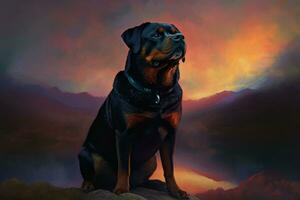 painting of a dog sitting on a rock looking up at the sky. generative ai. photo