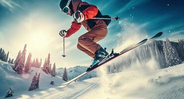 Extreme winter sports on mountain. Jumping skier skiing. Generative AI photo